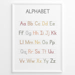 Load image into Gallery viewer, Pastel-colored alphabet poster showing uppercase and lowercase letters arranged on handwriting lines, framed as educational kids’ wall art.
