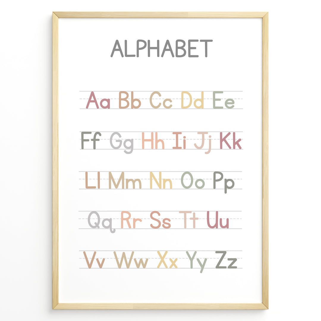 Pastel-colored alphabet poster showing uppercase and lowercase letters arranged on handwriting lines, framed as educational kids’ wall art.