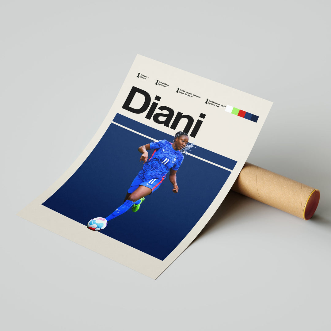 Kadidiatou Diani plakat | Frankrig landsholdstrøje i blå med boldkontrol og energi – ideel til fans af kvindefodbold og Les Bleues