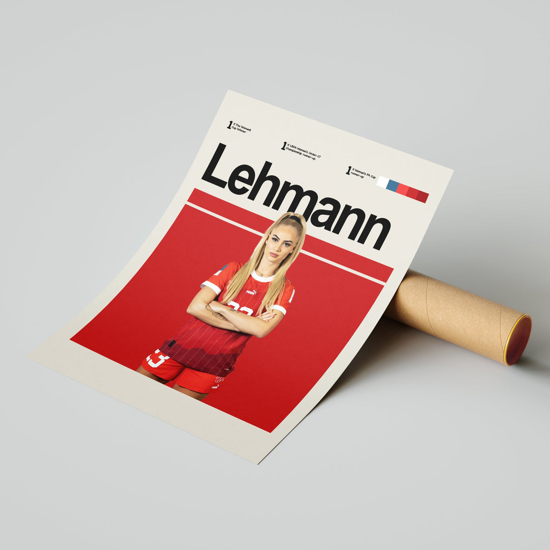 Alisha Lehmann plakat | Schweiz landsholdstrøje i rød med intense øjne og stærkt udtryk – perfekt til fans af kvindefodbold og Schweiz