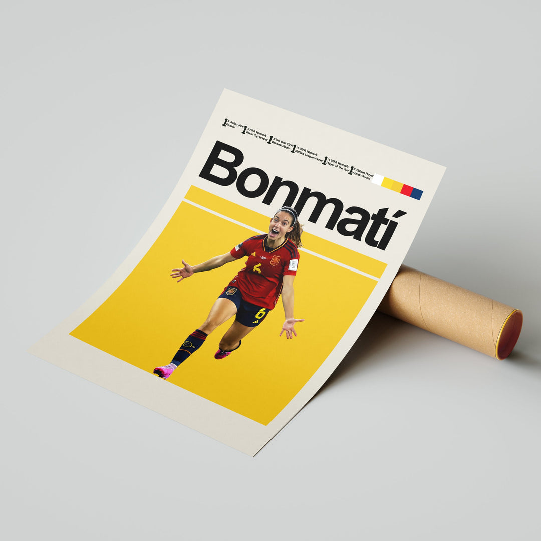 Aitana Bonmatí plakat | Spanien landsholdstrøje i rød og gul med jubelscene – perfekt til fans af kvindefodbold og spansk magi