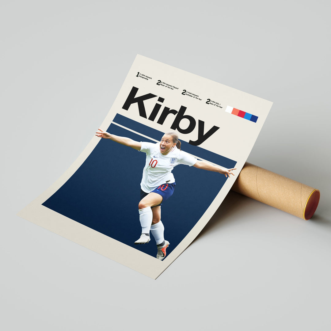 Fran Kirby Kvinde fodbold plakater | England landsholdstrøje i hvid og blå med jubelscene – ideel til fans af kvindefodbold og Lionesses