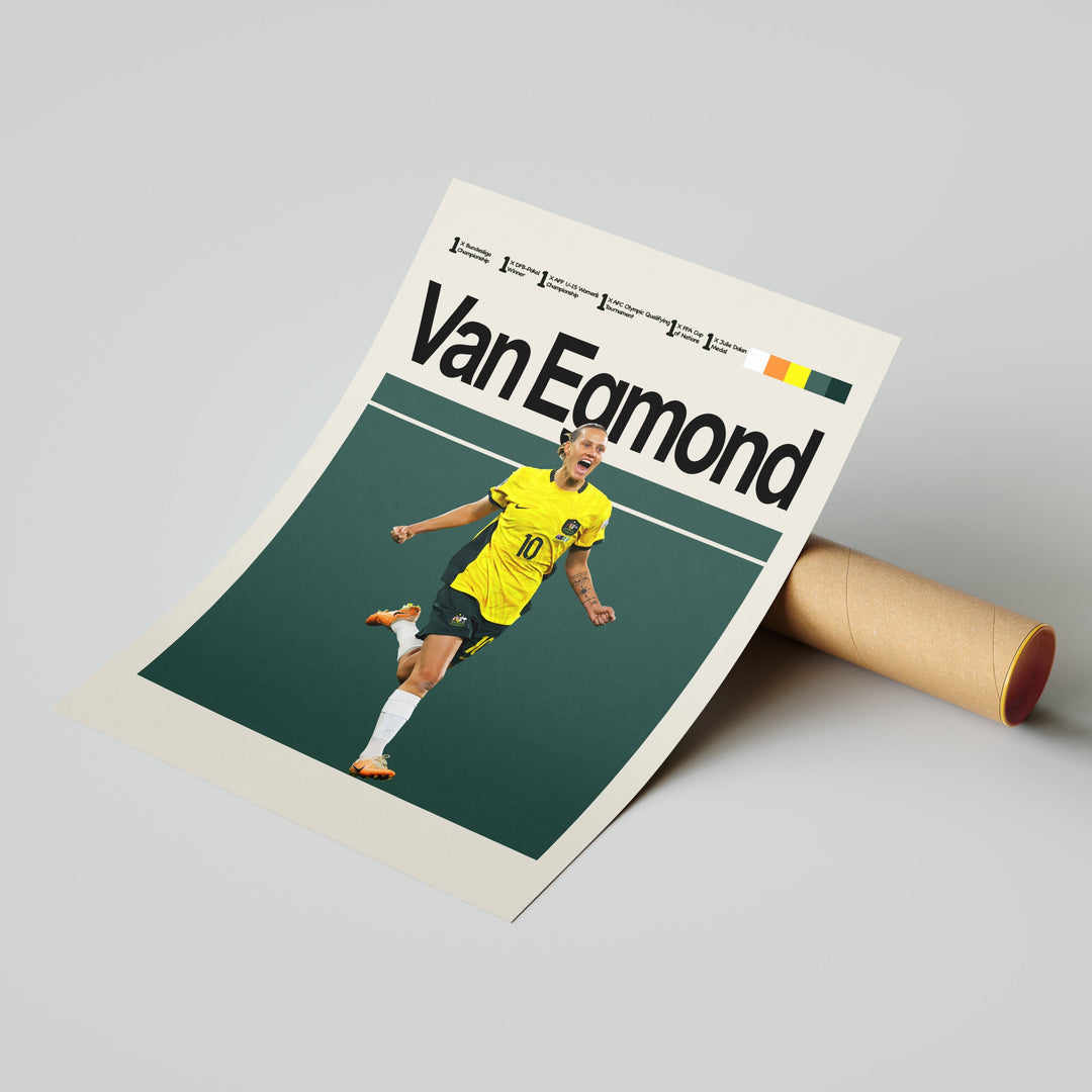 Emily van Egmond Kvinde fodbold plakater | Australien landsholdstrøje i gul og grøn med jubelpose – perfekt til fans af kvindefodbold og Matildas