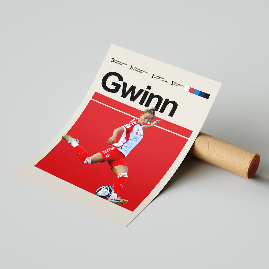 Giulia Gwinn plakat | Bayern München trøje i rød og hvid med kraftfuldt spark – perfekt til fans af kvindefodbold og Bundesliga