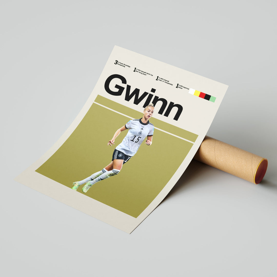 Giulia Gwinn Kvinde fodbold plakater | Tyskland landsholdstrøje i hvid og sort med fokuseret blik – perfekt til fans af kvindefodbold og Die Nationalelf