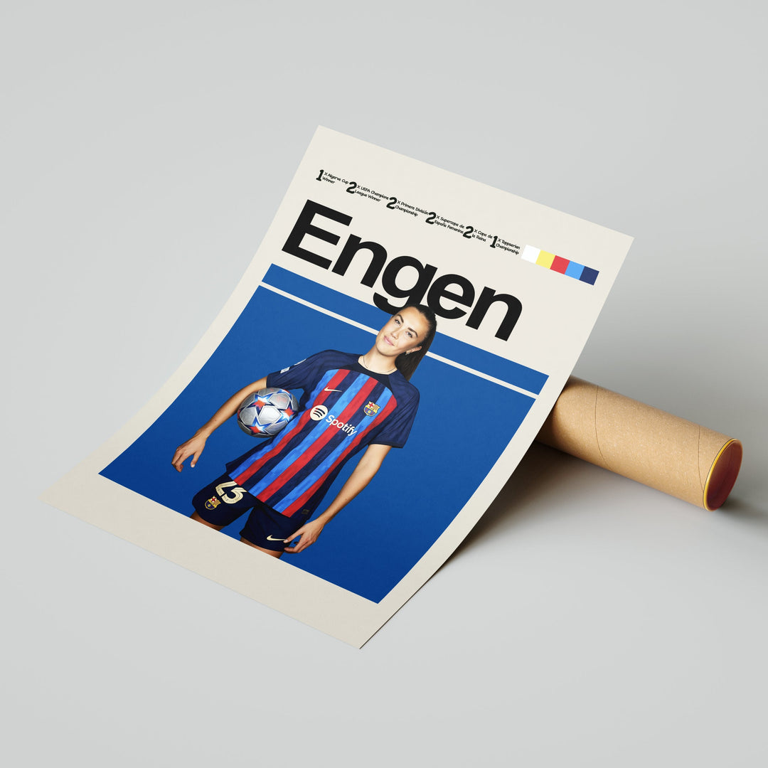 Ingrid Engen plakat | FC Barcelona trøje i blå og rød med Champions League-bold – perfekt til fans af kvindefodbold og Barça