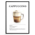 Load image into Gallery viewer, Illustrated Cappuccino recipe poster with espresso, steamed milk, and milk foam in a clear glass cup.
