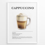 Load image into Gallery viewer, Illustrated Cappuccino recipe poster with espresso, steamed milk, and milk foam in a clear glass cup.
