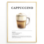 Load image into Gallery viewer, Illustrated Cappuccino recipe poster with espresso, steamed milk, and milk foam in a clear glass cup.
