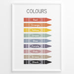 Load image into Gallery viewer, Educational poster featuring colourful crayons labelled with colour names such as red, orange, yellow, green, blue, purple, pink, brown, and black, framed as kids’ learning wall art.
