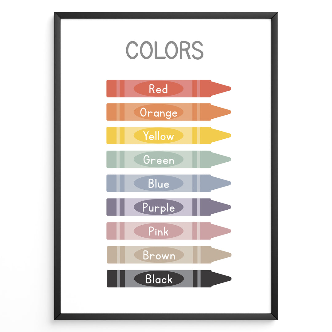 Educational poster showing colorful crayons labeled with color names including red, orange, yellow, green, blue, purple, pink, brown, and black, framed as children’s learning wall art.