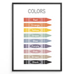 Load image into Gallery viewer, Educational poster showing colorful crayons labeled with color names including red, orange, yellow, green, blue, purple, pink, brown, and black, framed as children’s learning wall art.
