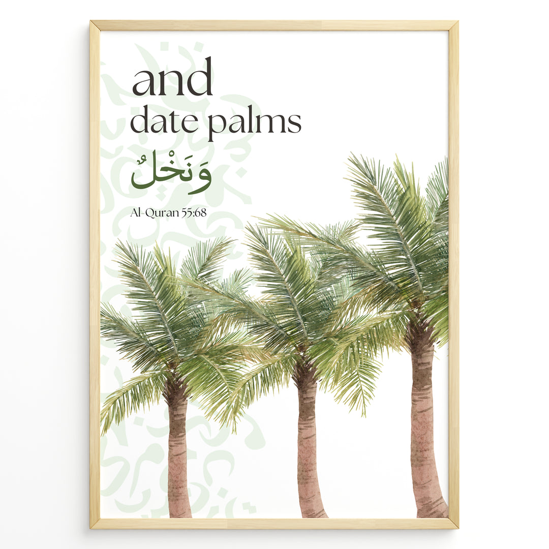 Dadelpalmer plakat med botanisk illustration og engelsk samt arabisk typografi inspireret af Koranens frugter