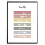 Load image into Gallery viewer, Pastel-colored days-of-the-week poster showing Monday through Sunday in soft color blocks, framed as children’s educational wall art.
