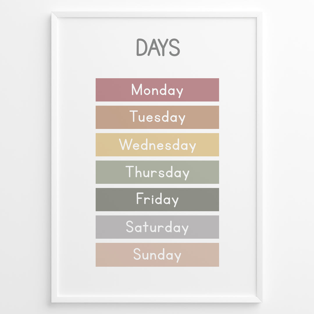 Pastel-colored days-of-the-week poster showing Monday through Sunday in soft color blocks, framed as children’s educational wall art.