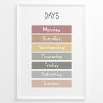 Load image into Gallery viewer, Pastel-colored days-of-the-week poster showing Monday through Sunday in soft color blocks, framed as children’s educational wall art.
