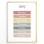 Load image into Gallery viewer, Pastel-colored days-of-the-week poster showing Monday through Sunday in soft color blocks, framed as children’s educational wall art.

