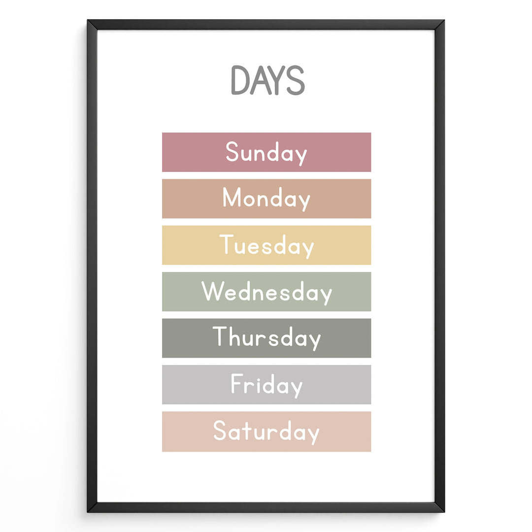 Pastel-colored days-of-the-week poster showing Sunday to Saturday in soft color blocks, framed as children’s educational wall art.