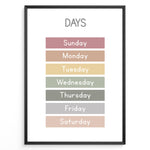Load image into Gallery viewer, Pastel-colored days-of-the-week poster showing Sunday to Saturday in soft color blocks, framed as children’s educational wall art.
