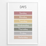 Load image into Gallery viewer, Pastel-colored days-of-the-week poster showing Sunday to Saturday in soft color blocks, framed as children’s educational wall art.
