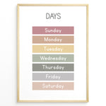 Load image into Gallery viewer, Pastel-colored days-of-the-week poster showing Sunday to Saturday in soft color blocks, framed as children’s educational wall art.
