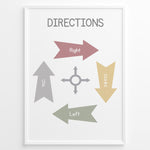 Load image into Gallery viewer, Educational poster with pastel arrows labeled Up, Down, Left, and Right around a small compass icon, framed as children’s learning wall art.
