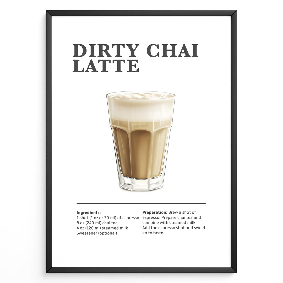 Illustrated Dirty Chai Latte recipe poster with chai tea, steamed milk, and espresso.
