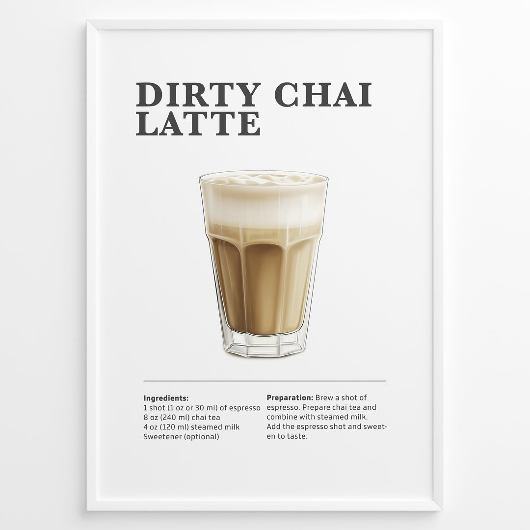 Illustrated Dirty Chai Latte recipe poster with chai tea, steamed milk, and espresso.