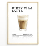 Load image into Gallery viewer, Illustrated Dirty Chai Latte recipe poster with chai tea, steamed milk, and espresso.
