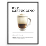 Load image into Gallery viewer, Illustrated Dry Cappuccino recipe poster with espresso topped with thick milk foam in a clear cup.
