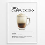 Load image into Gallery viewer, Illustrated Dry Cappuccino recipe poster with espresso topped with thick milk foam in a clear cup.
