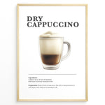 Load image into Gallery viewer, Illustrated Dry Cappuccino recipe poster with espresso topped with thick milk foam in a clear cup.
