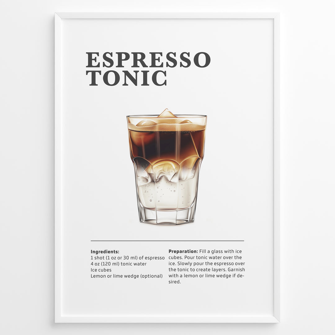 Espresso Tonic recipe poster with layered espresso over tonic water in a glass with ice.