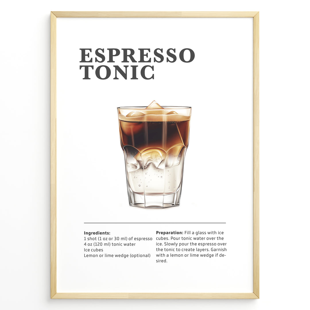 Espresso Tonic recipe poster with layered espresso over tonic water in a glass with ice.