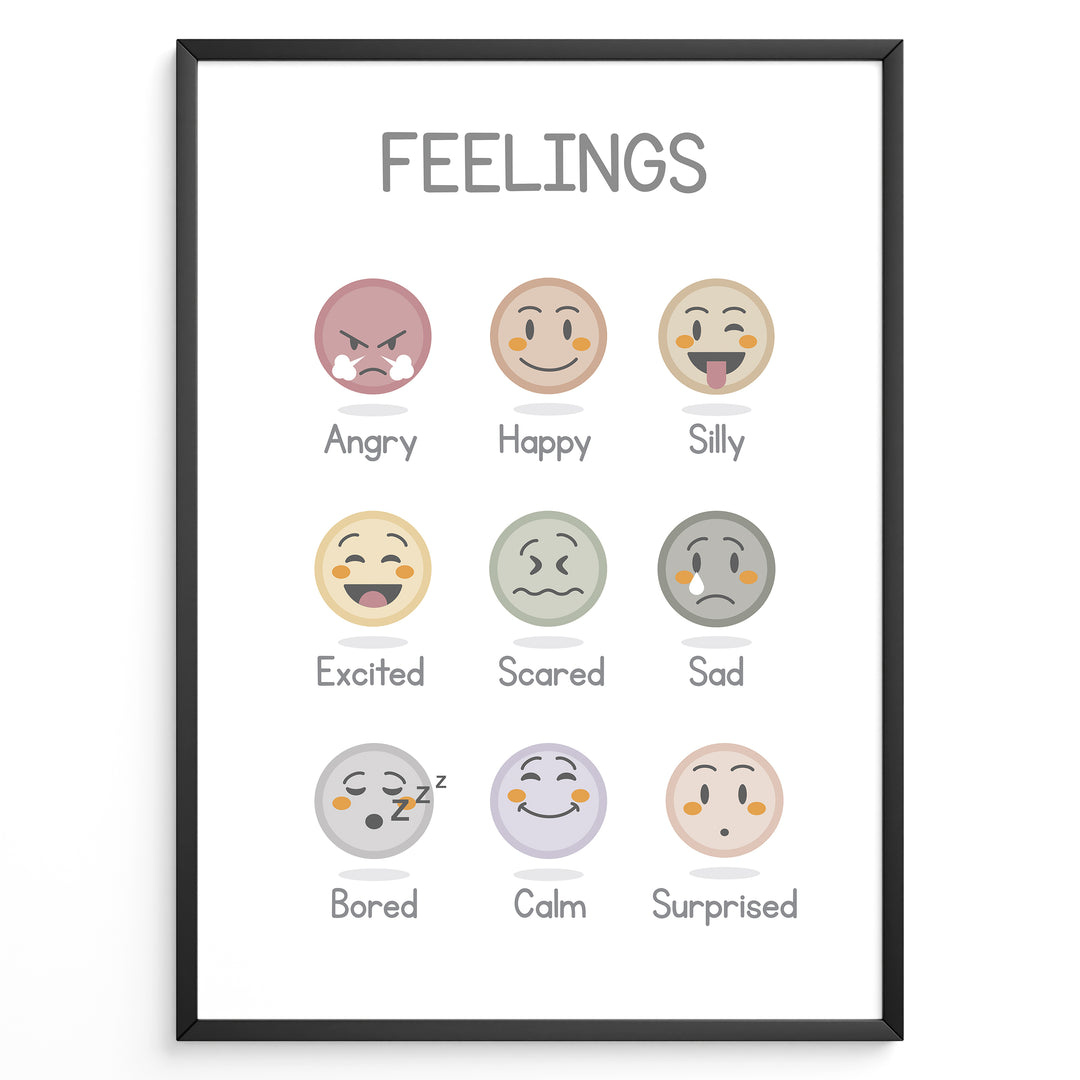 Educational poster with illustrated emotion faces labeled Angry, Happy, Silly, Excited, Scared, Sad, Bored, Calm, and Surprised, framed as kids’ feelings chart wall art.