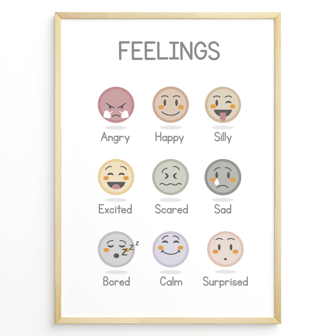 Educational poster with illustrated emotion faces labeled Angry, Happy, Silly, Excited, Scared, Sad, Bored, Calm, and Surprised, framed as kids’ feelings chart wall art.