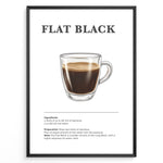 Load image into Gallery viewer, Flat Black coffee recipe poster with a clear glass cup of espresso and hot water.
