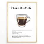 Load image into Gallery viewer, Flat Black coffee recipe poster with a clear glass cup of espresso and hot water.
