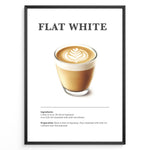 Load image into Gallery viewer, Flat White coffee recipe poster with a glass cup of espresso and microfoam latte art.
