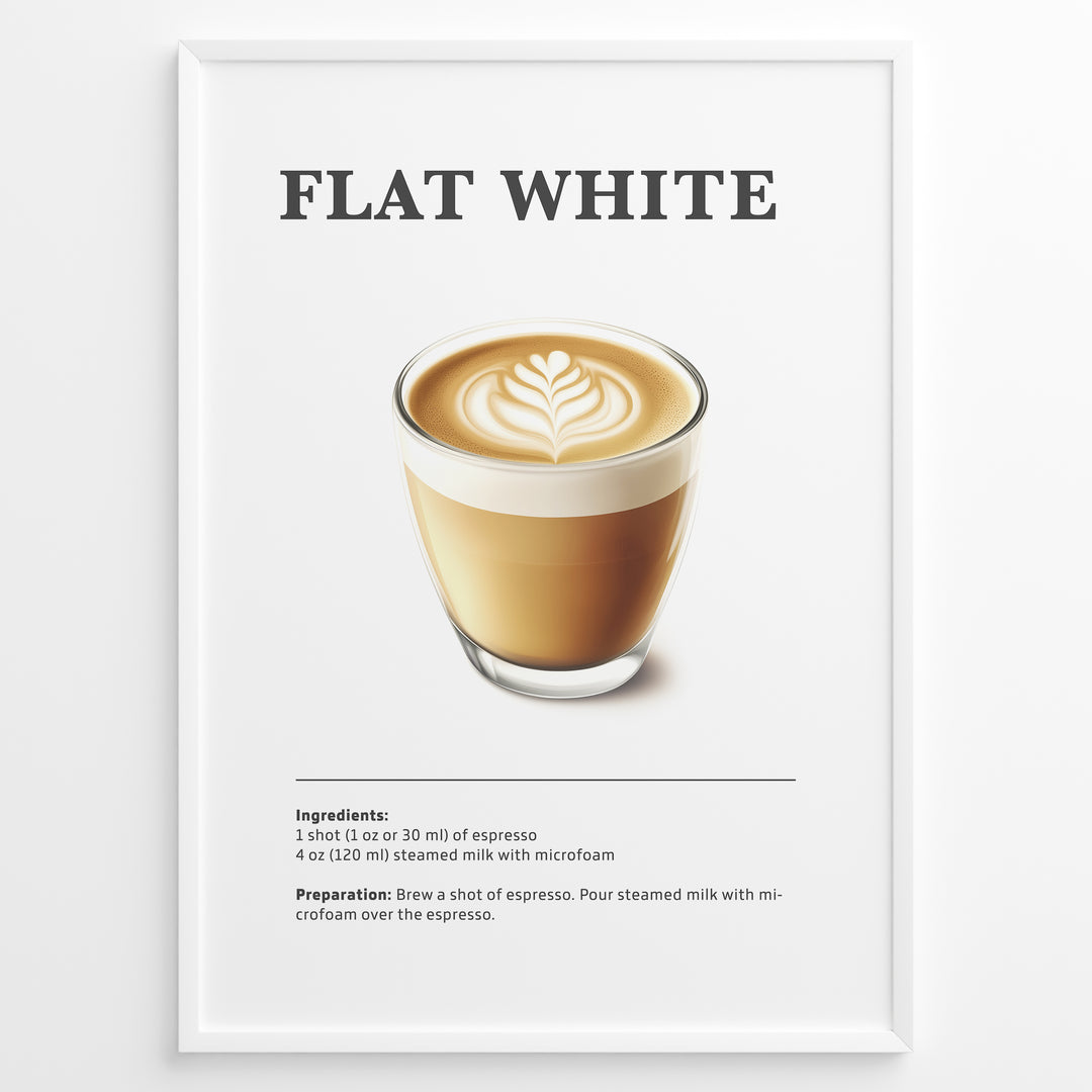 Flat White coffee recipe poster with a glass cup of espresso and microfoam latte art.