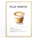 Load image into Gallery viewer, Flat White coffee recipe poster with a glass cup of espresso and microfoam latte art.
