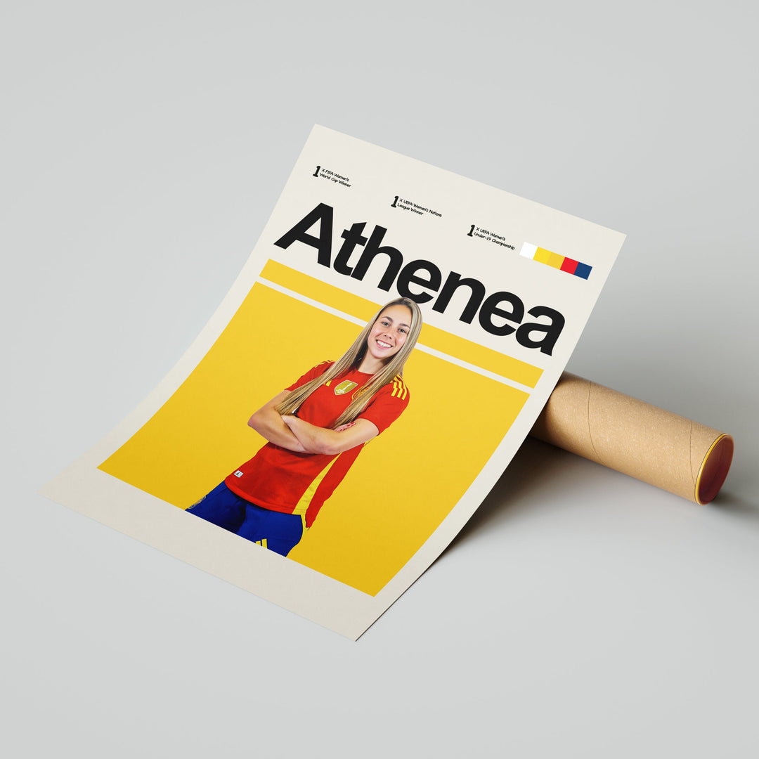 Athenea del Castillo plakat | Spanien landsholdstrøje i rød og gul med selvsikker attitude – ideel til fans af kvindefodbold og Spanien