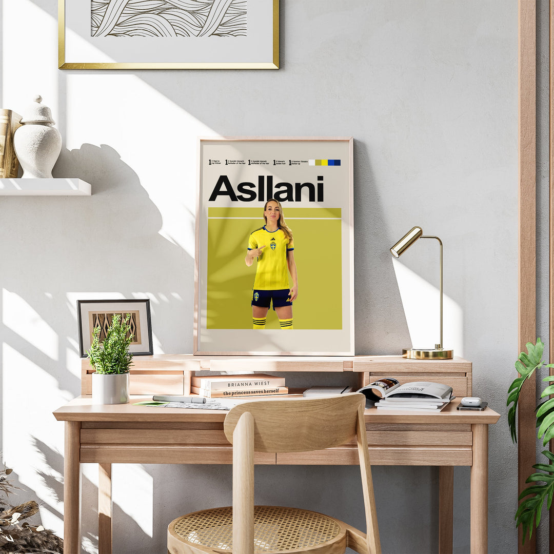 Kosovare Asllani plakat | Svensk landsholdstrøje i gult og blåt med stærk attitude og præstationer – perfekt til fans af kvindefodbold og Sverige