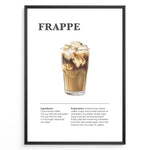 Load image into Gallery viewer, Frappe iced coffee recipe poster with a tall glass filled with ice and milk coffee.
