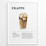 Load image into Gallery viewer, Frappe iced coffee recipe poster with a tall glass filled with ice and milk coffee.
