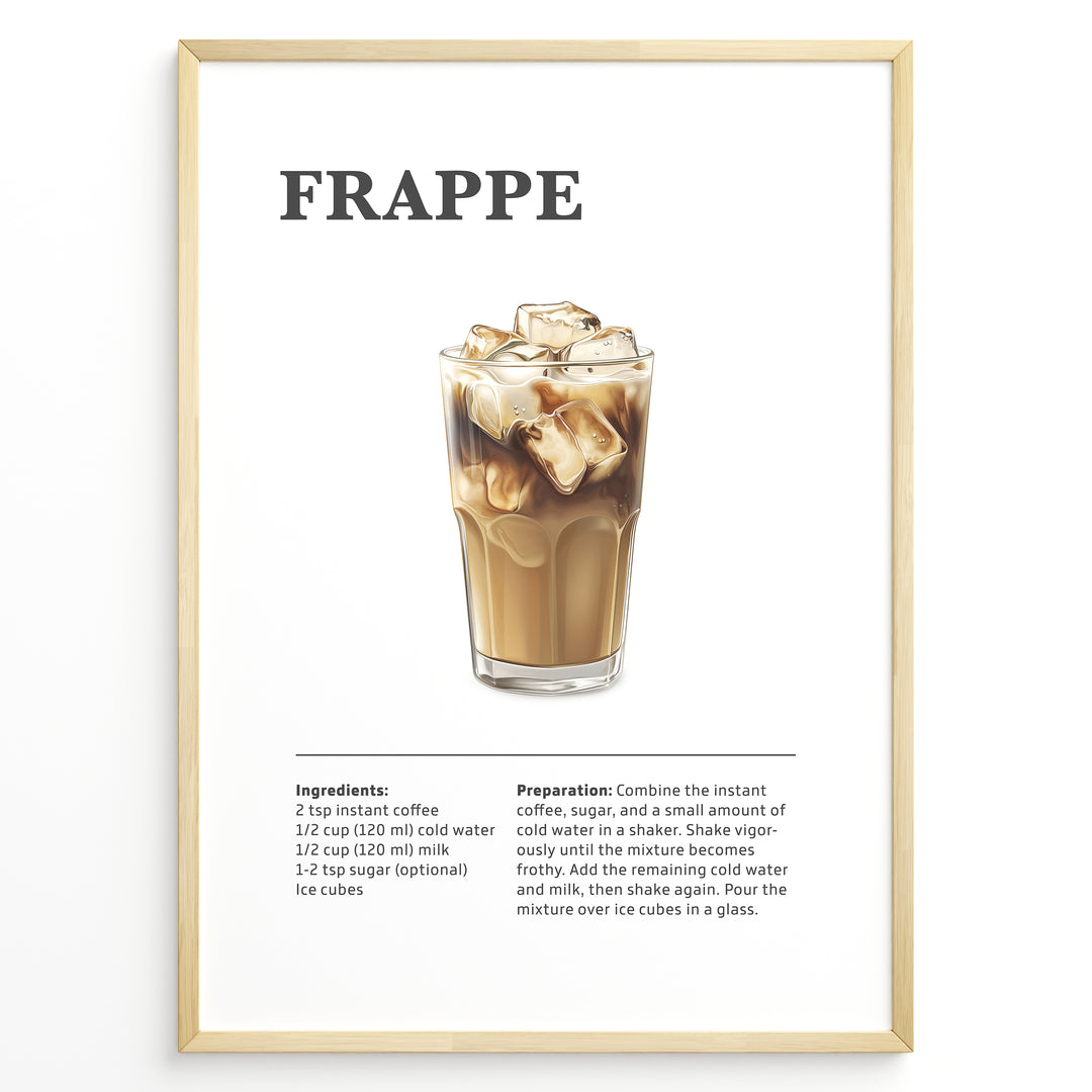Frappe iced coffee recipe poster with a tall glass filled with ice and milk coffee.