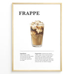 Load image into Gallery viewer, Frappe iced coffee recipe poster with a tall glass filled with ice and milk coffee.

