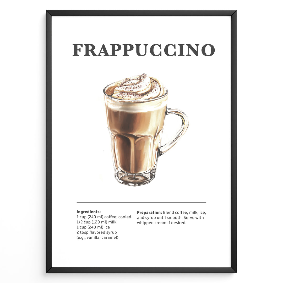 Frappuccino recipe poster with a glass mug of blended iced coffee topped with whipped cream.