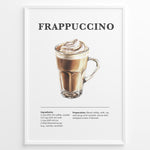 Load image into Gallery viewer, Frappuccino recipe poster with a glass mug of blended iced coffee topped with whipped cream.
