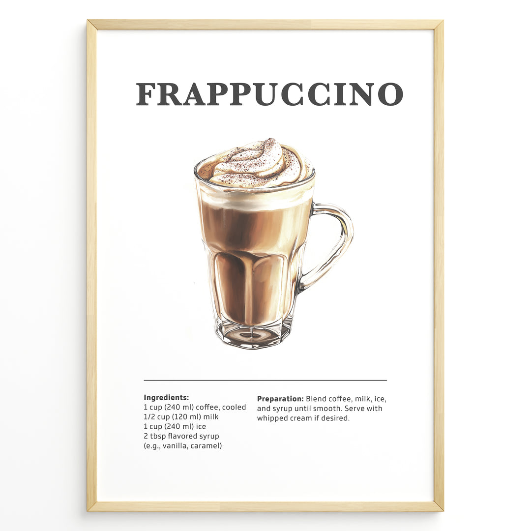Frappuccino recipe poster with a glass mug of blended iced coffee topped with whipped cream.